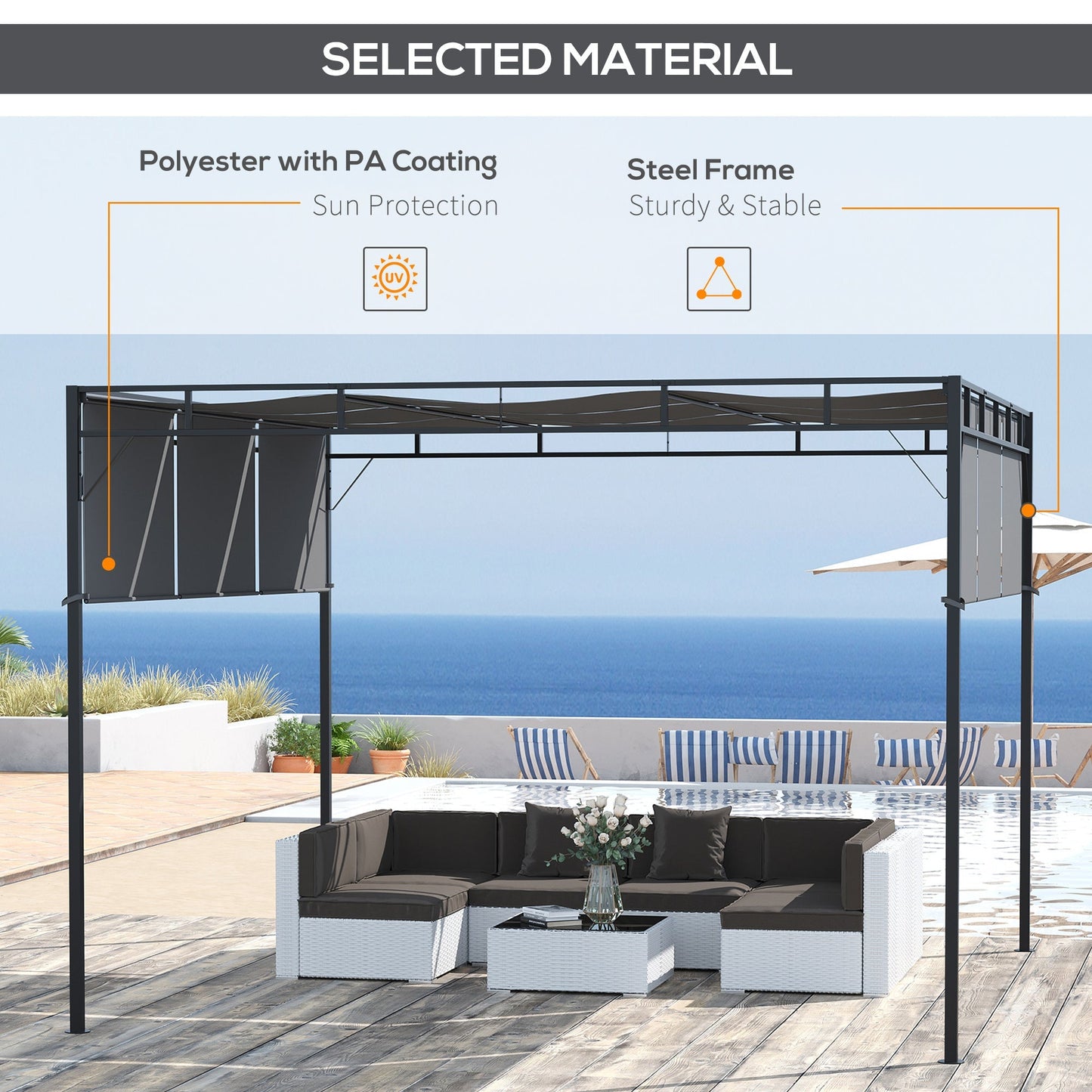 3 x 3(m) Steel Pergola Gazebo Garden Shelter with Retractable Roof Canopy for Outdoor, Patio, Dark Grey