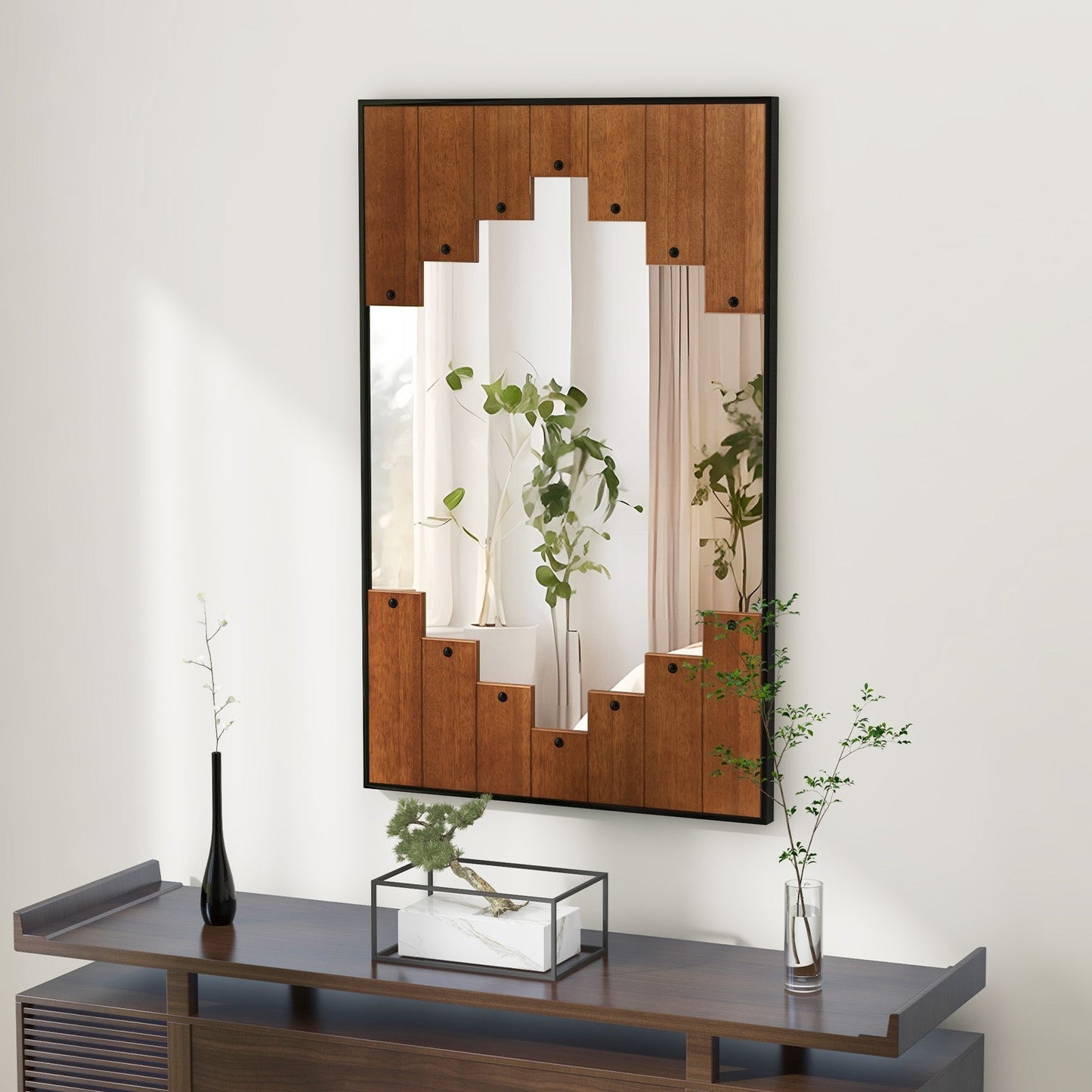 Decorative Rectangle Wall Mirror with Piano Key-Shaped Frame-Black