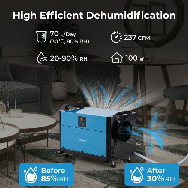 50/70L/Day Crawl Space Dehumidifier with 3 Modes and 24H Timer-Blue-70L