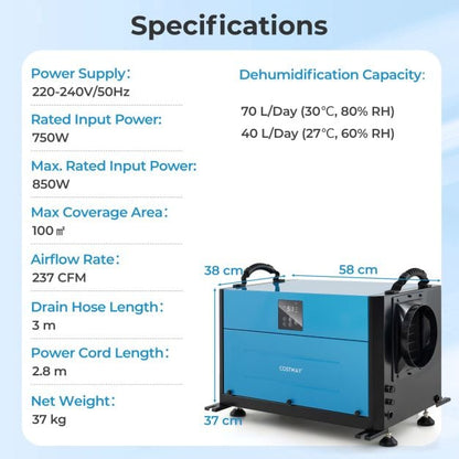 50/70L/Day Crawl Space Dehumidifier with 3 Modes and 24H Timer-Blue-70L