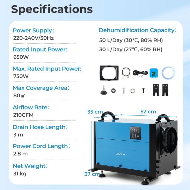 50/70L/Day Crawl Space Dehumidifier with 3 Modes and 24H Timer-Blue-50L