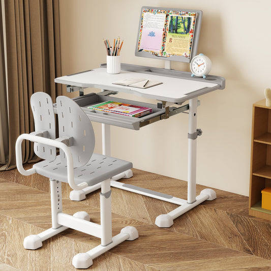 Height-Adjustable Kid's Study Desk and Chair Set with Tilt Desktop and Footrest Bar-Grey
