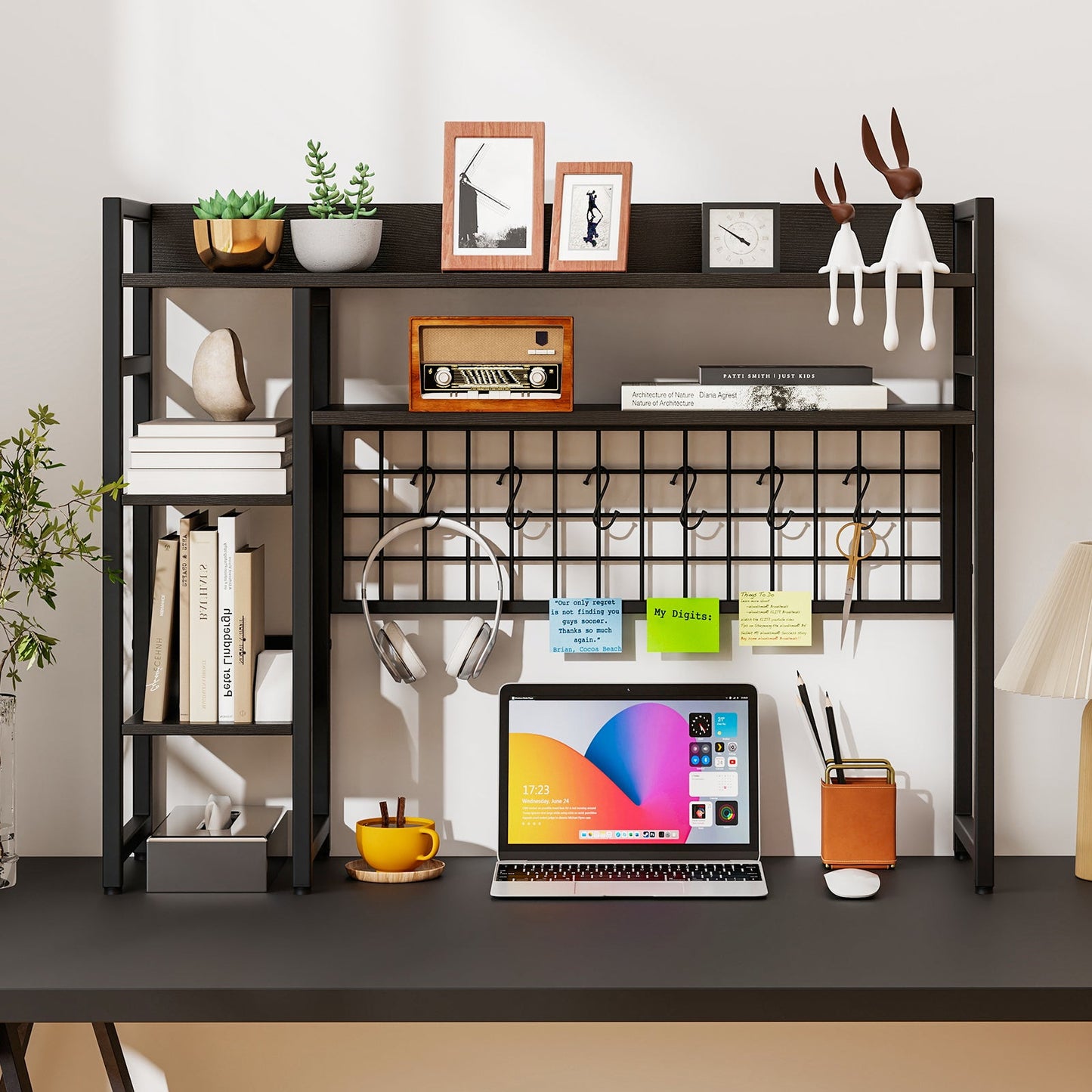 Desktop Bookshelf with 4 Open Storage Shelves for Computer Monitor Up to 32 Inch-Black