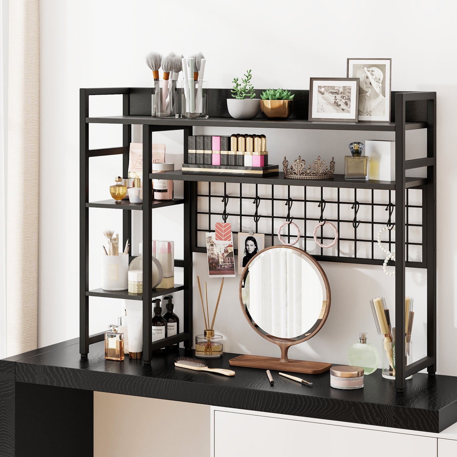 Desktop Bookshelf with 4 Open Storage Shelves for Computer Monitor Up to 32 Inch-Black