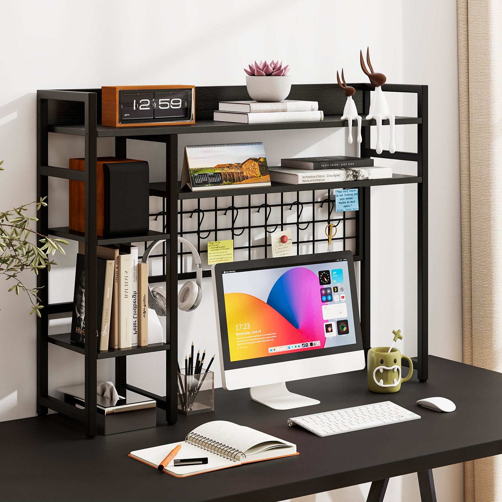 Desktop Bookshelf with 4 Open Storage Shelves for Computer Monitor Up to 32 Inch-Black