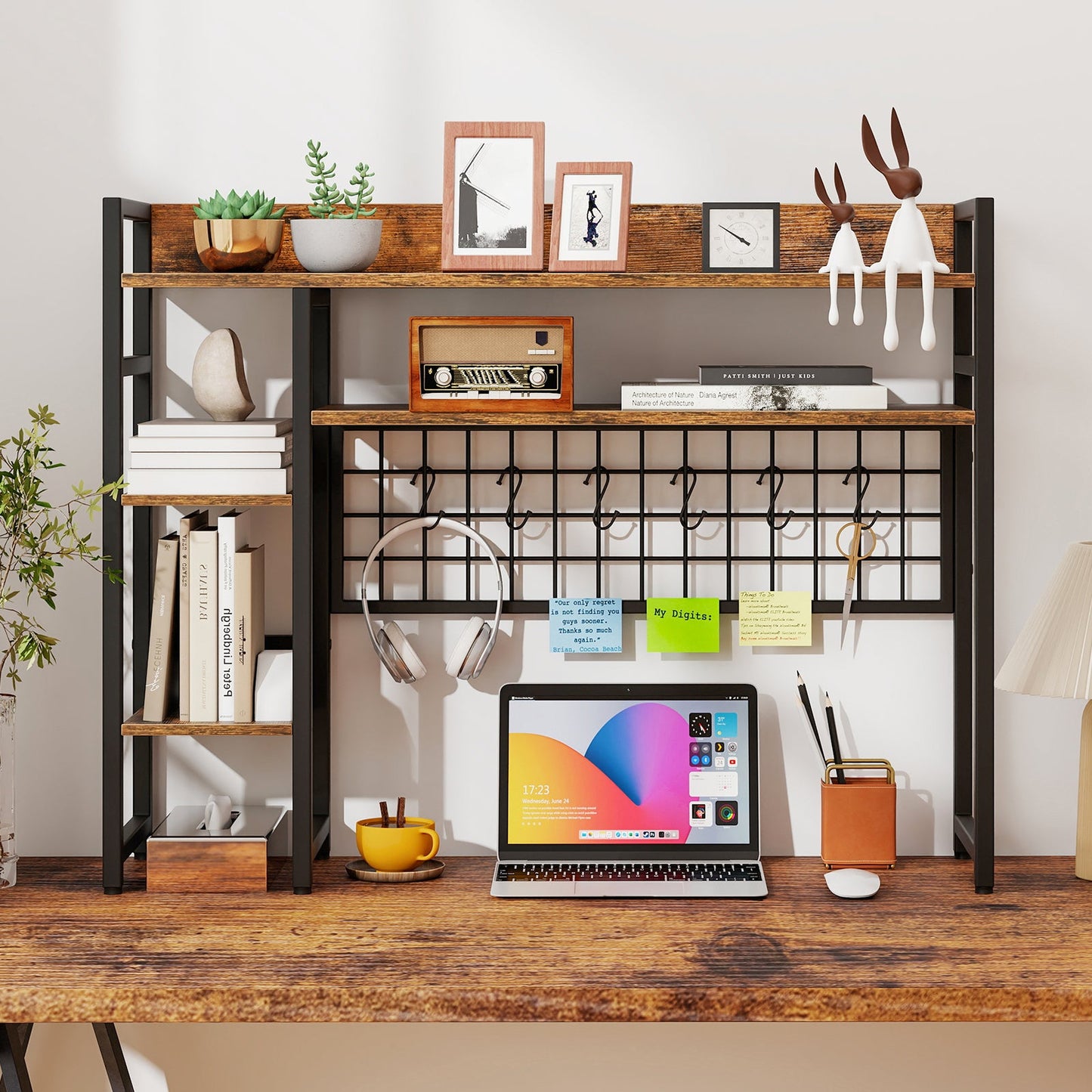 Desktop Bookshelf with 4 Open Storage Shelves for Computer Monitor Up to 32 Inch-Rustic Brown