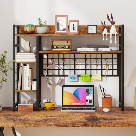 Desktop Bookshelf with 4 Open Storage Shelves for Computer Monitor Up to 32 Inch-Rustic Brown