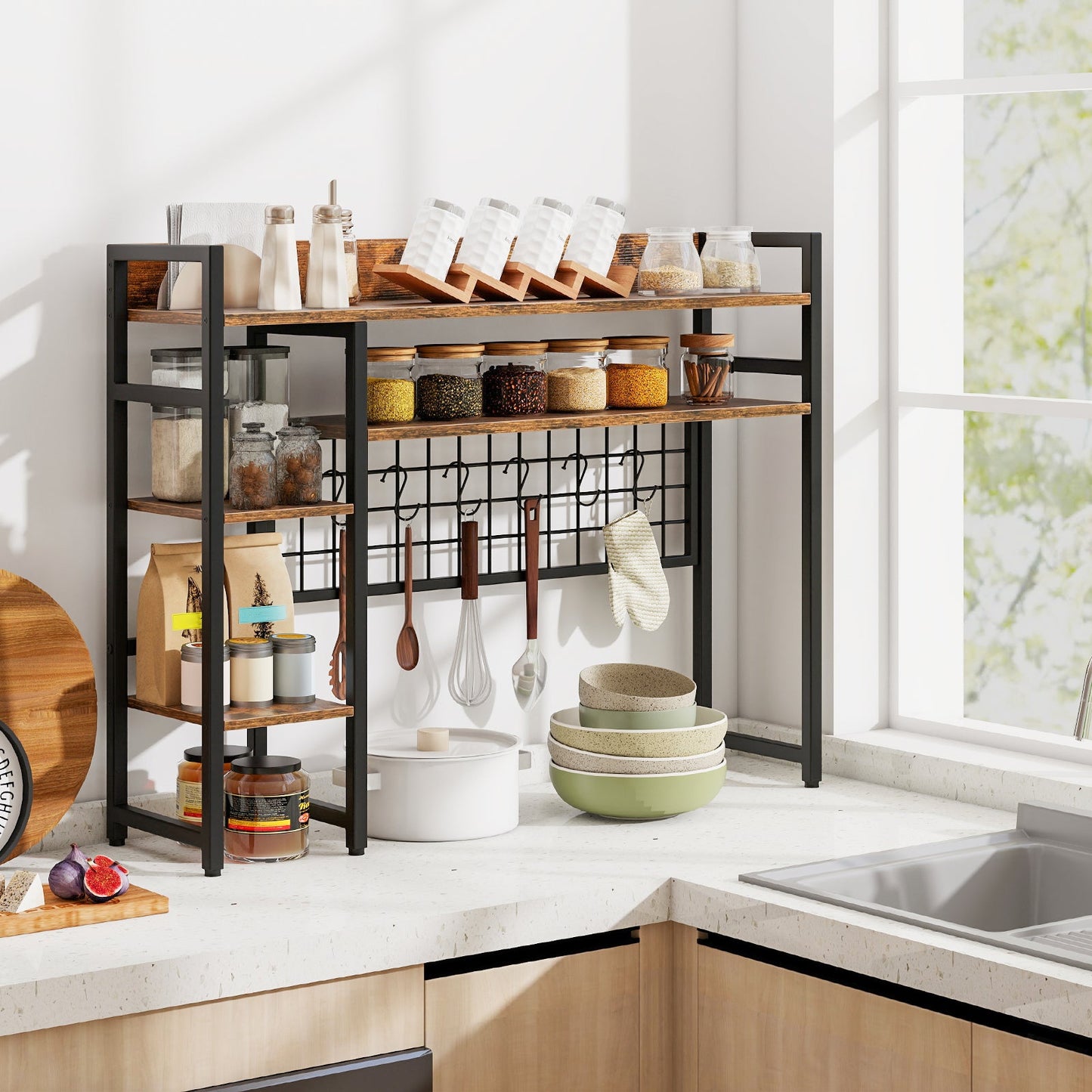 Desktop Bookshelf with 4 Open Storage Shelves for Computer Monitor Up to 32 Inch-Rustic Brown