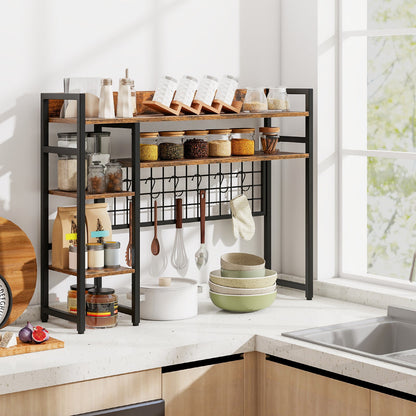 Desktop Bookshelf with 4 Open Storage Shelves for Computer Monitor Up to 32 Inch-Rustic Brown