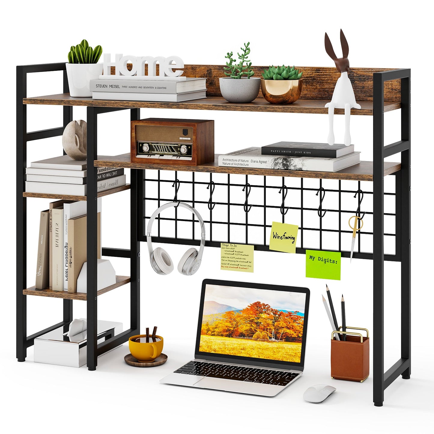 Desktop Bookshelf with 4 Open Storage Shelves for Computer Monitor Up to 32 Inch-Rustic Brown