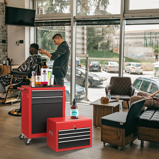 Detachable Tool Storage Cabinet with 4 Hooks and Wheels-Black & Red