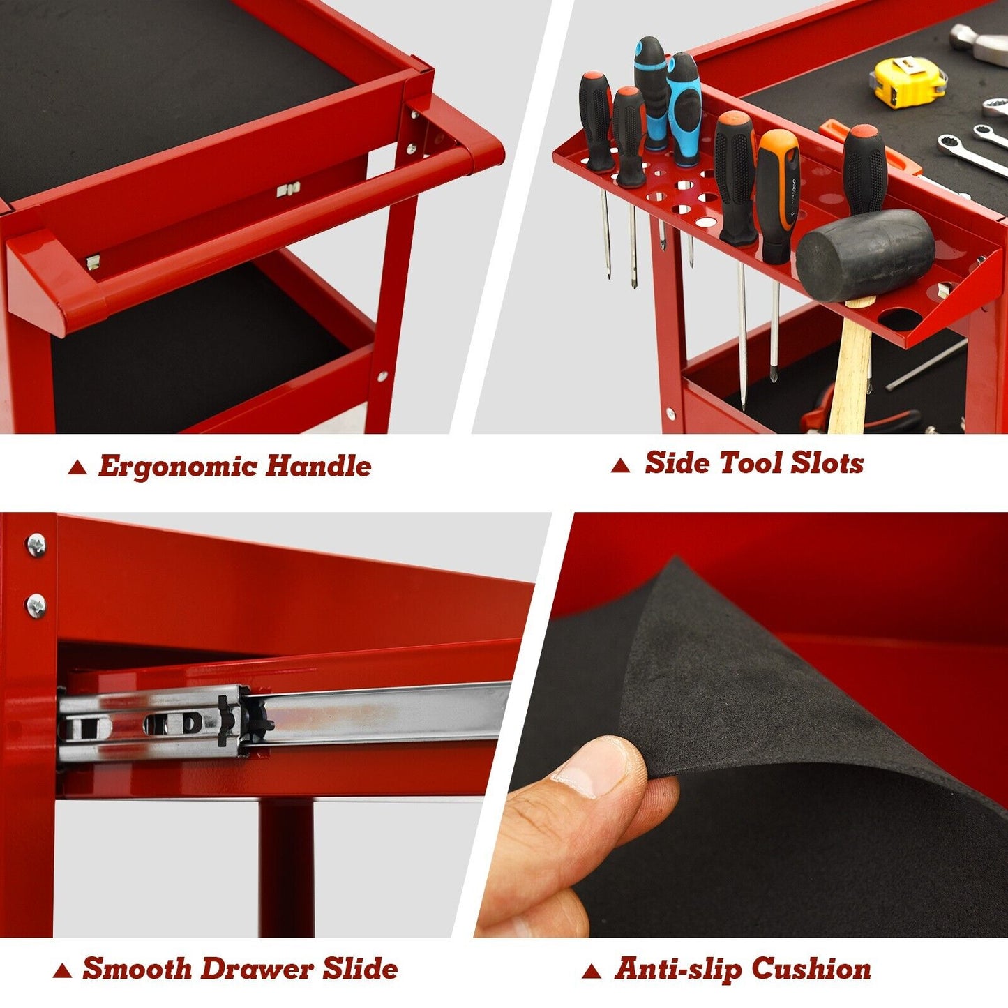3 Tier Tool Trolley with Drawer and 4 Wheels-Red
