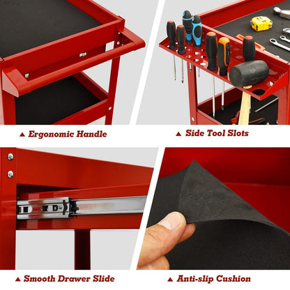 3 Tier Tool Trolley with Drawer and 4 Wheels-Red
