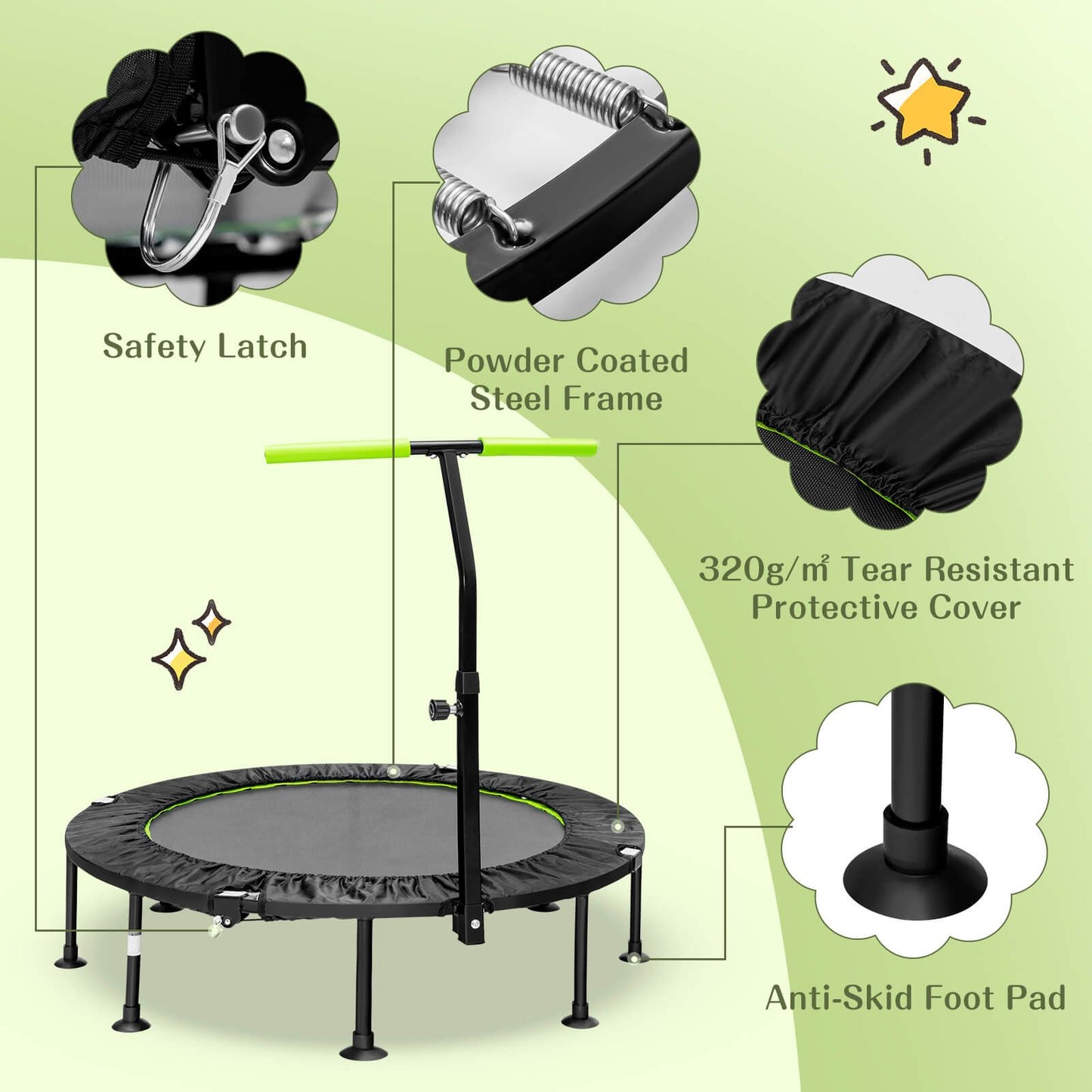 110 CM Mini Trampoline Bounce with Height Adjustable Handrail-Green