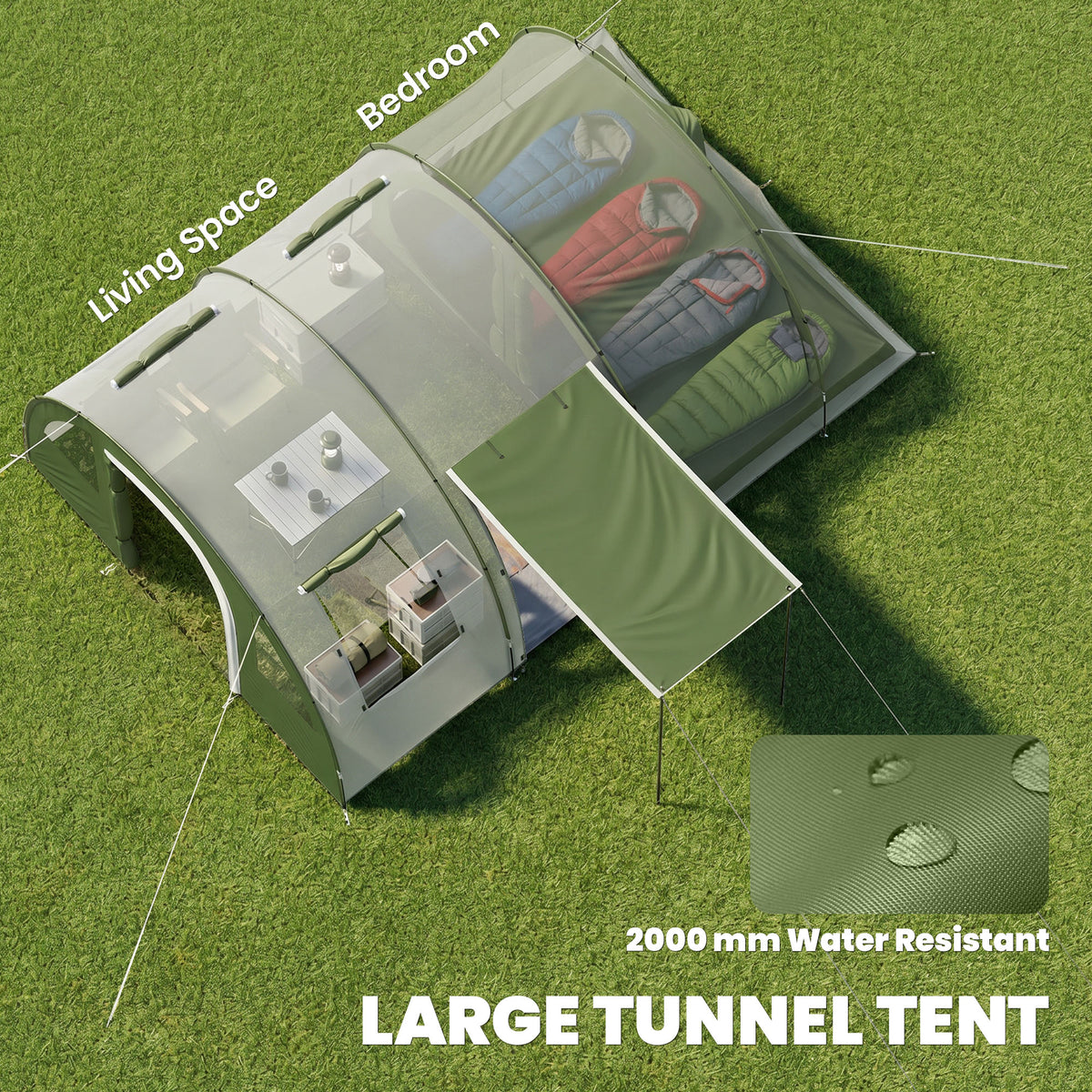 Outsunny 4 Man Camping Tent with 2 Room, Floor and Carry Bag - Green