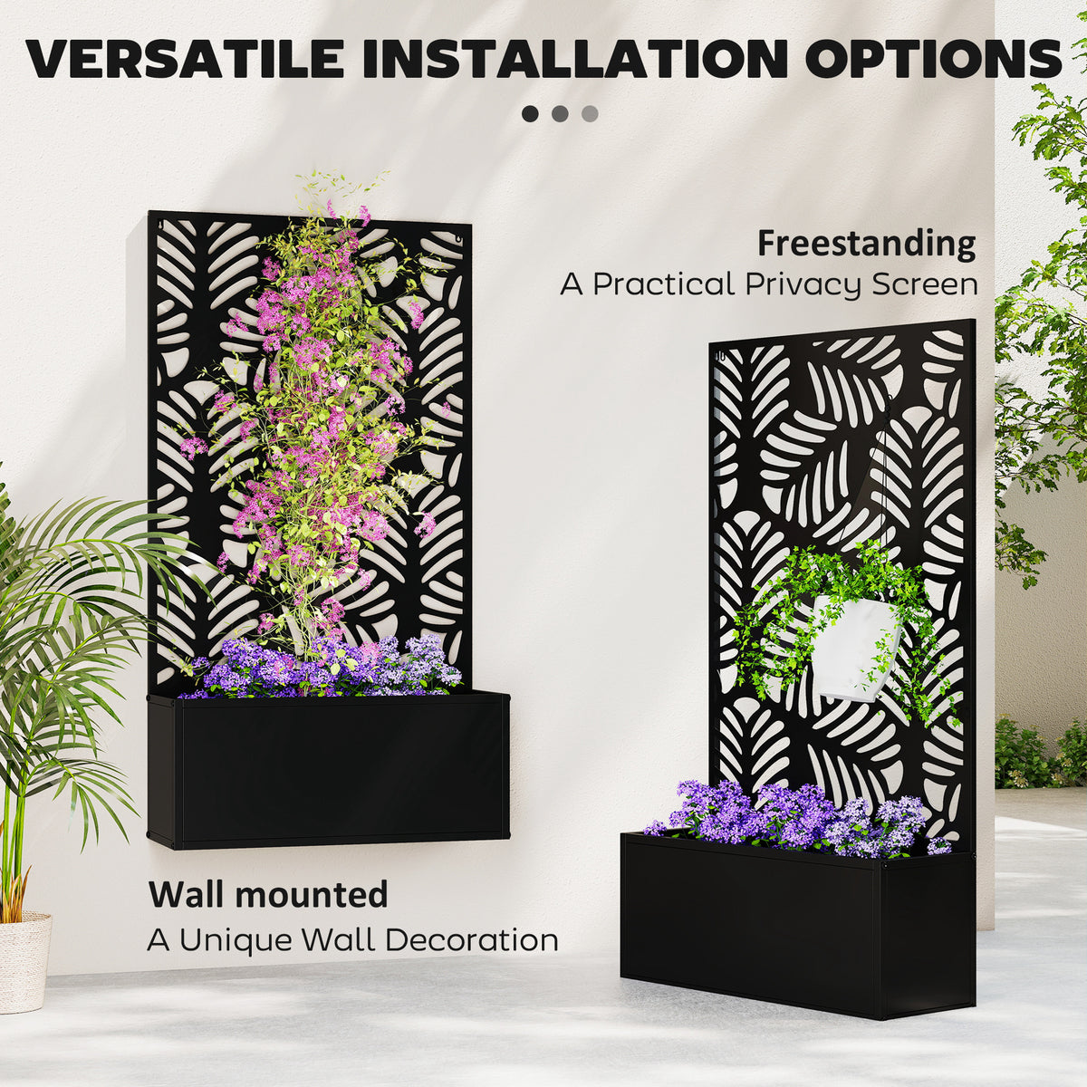 Outsunny Metal Garden Bed for Garden with Trellis, Wall Mounted or Freestanding Raised Planter with Privacy Screen