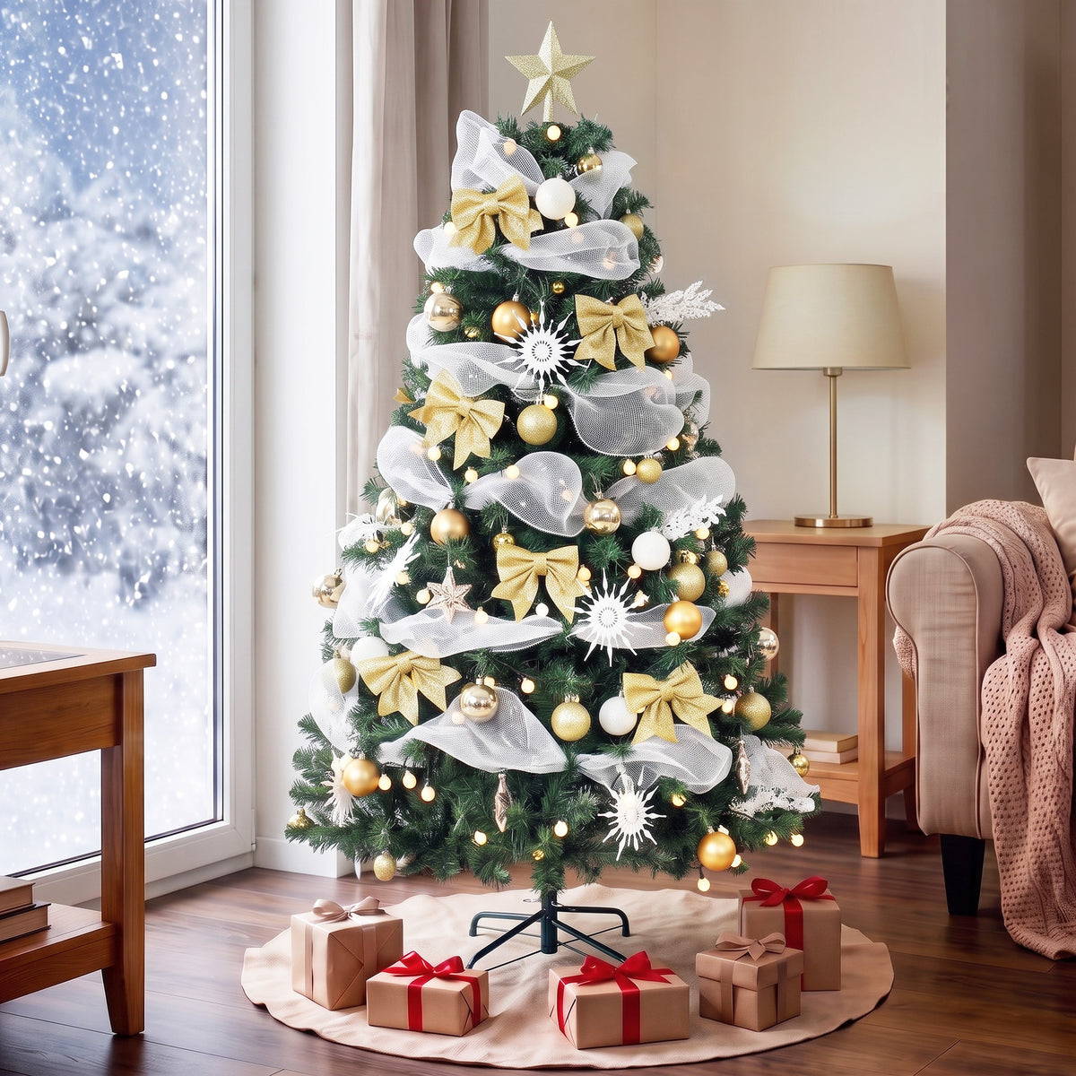 HOMCOM 5ft Pre-Lit Christmas Tree with 150 LED Lights, Artificial Xmas Tree with 8 Lighting Modes, 450 Tips, Remote, Green