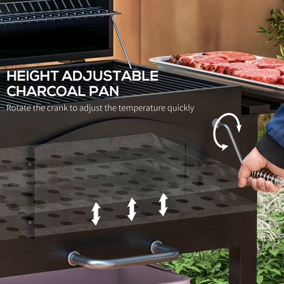 Outsunny Charcoal Barbecue Grill Trolley Garden Smoker with Shelves, Adjustable Height, Thermometer on Lid, Opener and Wheels