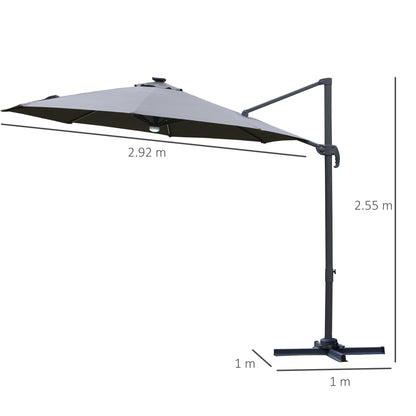 Outsunny 3(m) Parasol zewnętrzny LED Cantilever z podstawą i lampami solarnymi, szary