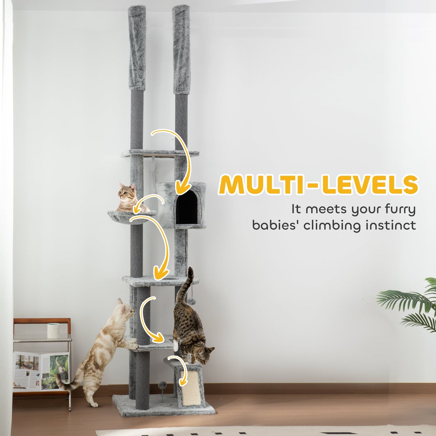 PawHut 225-255cm Height Floor-to-Ceiling Cat Tree Large Cat Tower w/ Cat Scratching Posts, Ramp, Condo