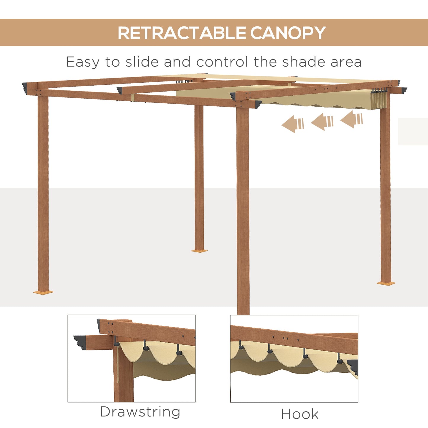 3 x 3 m Outdoor Pergola Canopy Patio Gazebo Sun Shelter with Retractable Roof Aluminium Frame for Garden, Khaki