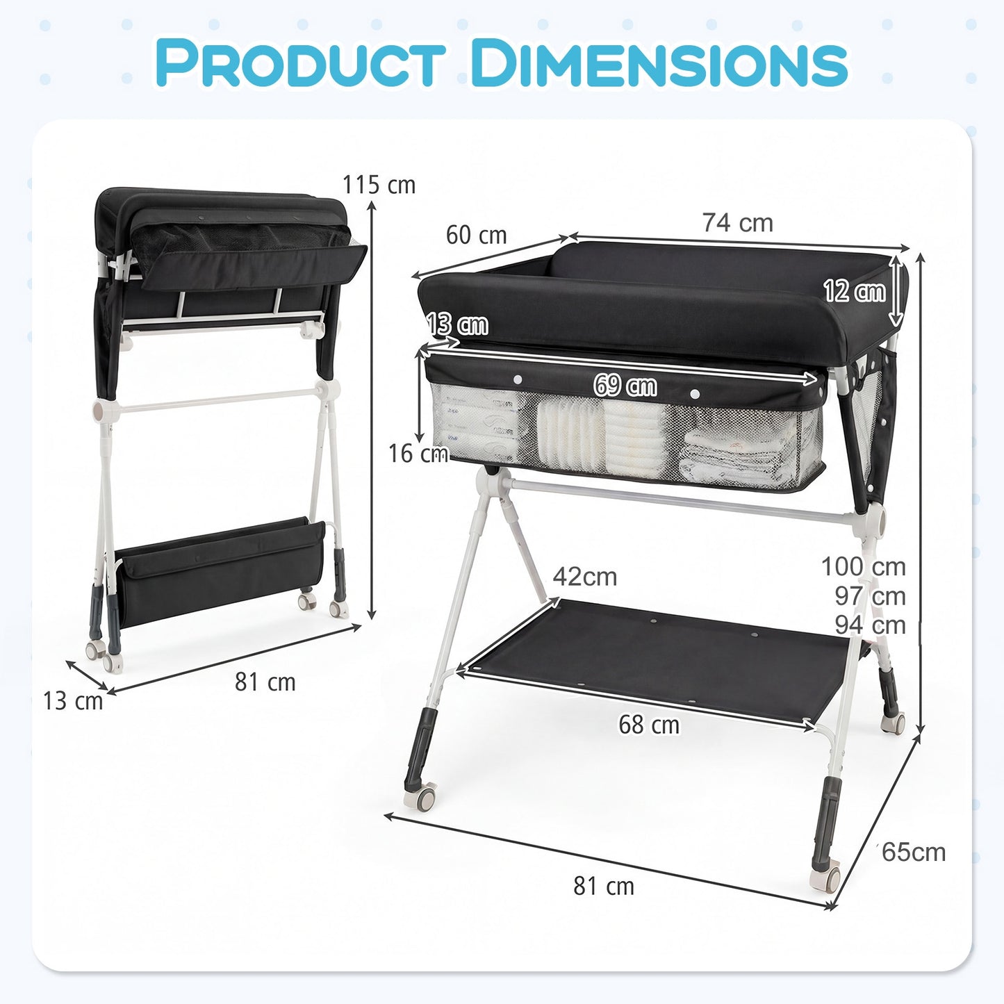 Diaper Changing Station with 3 Position Adjustable Level and 4 Universal Wheels-Black