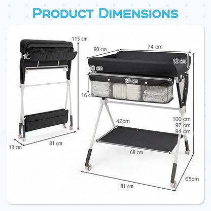 Diaper Changing Station with 3 Position Adjustable Level and 4 Universal Wheels-Black