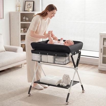 Diaper Changing Station with 3 Position Adjustable Level and 4 Universal Wheels-Black