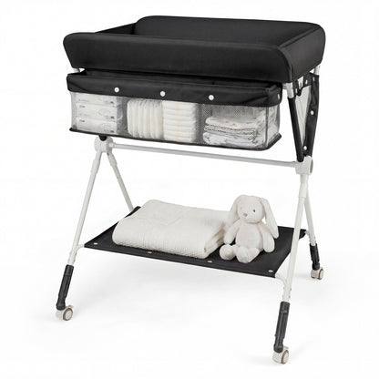 Diaper Changing Station with 3 Position Adjustable Level and 4 Universal Wheels-Black