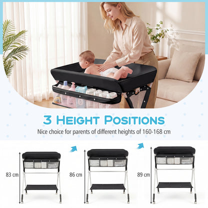 Diaper Changing Station with 3 Position Adjustable Level and 4 Universal Wheels-Black