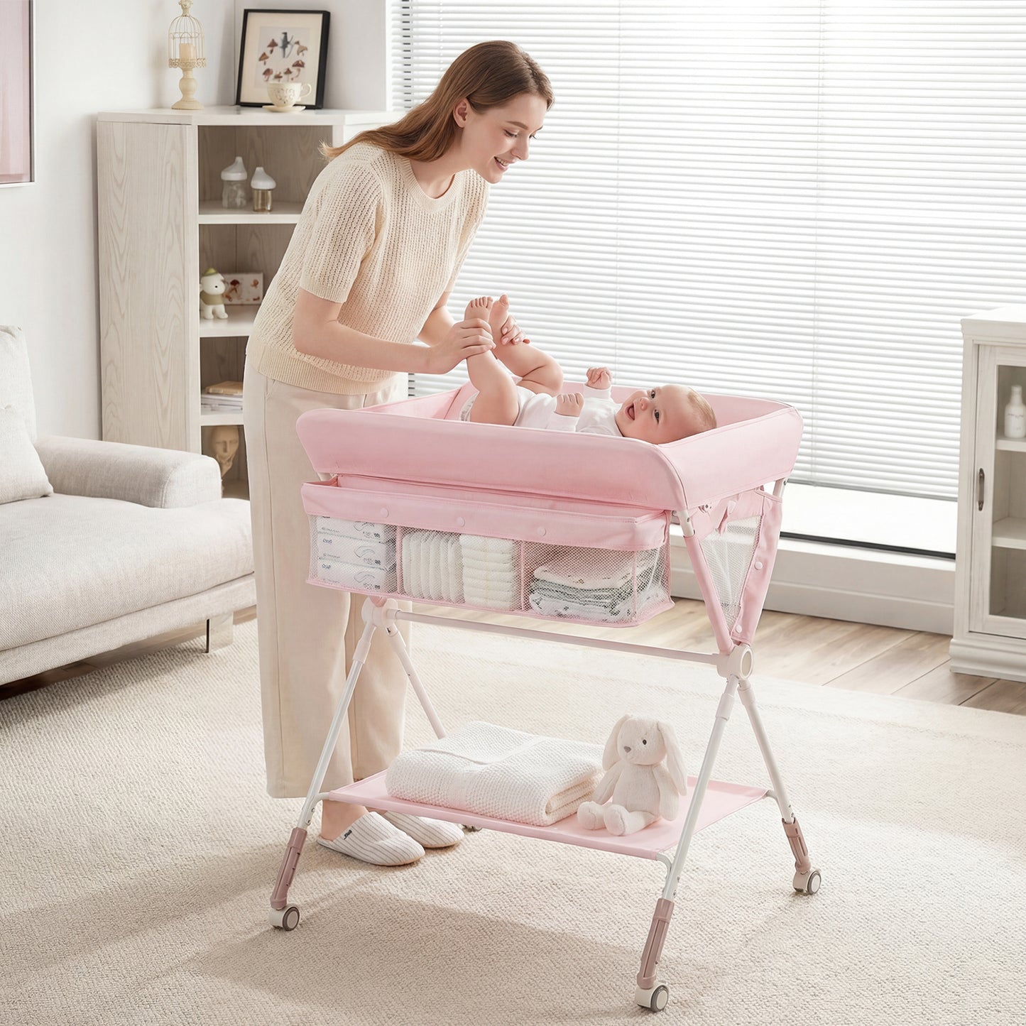 Diaper Changing Station with 3 Position Adjustable Level and 4 Universal Wheels-Pink