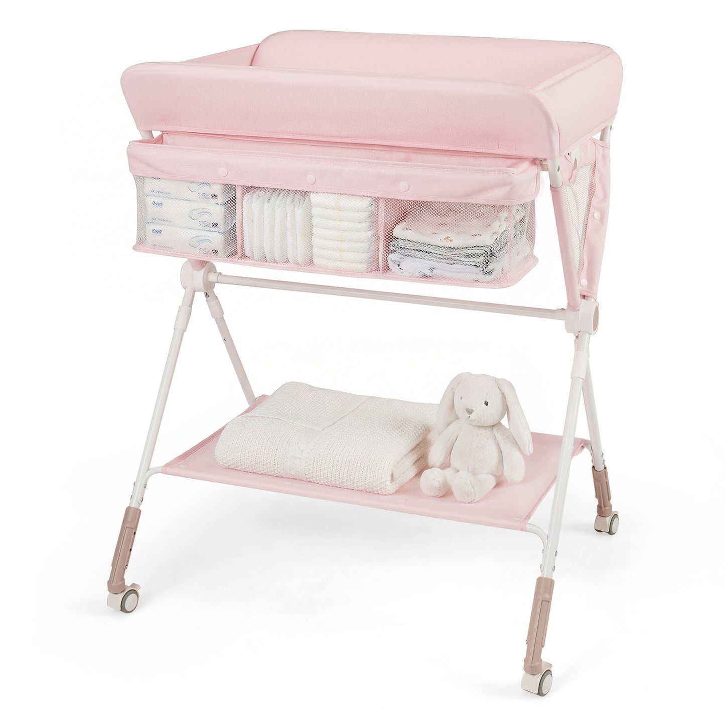 Diaper Changing Station with 3 Position Adjustable Level and 4 Universal Wheels-Pink