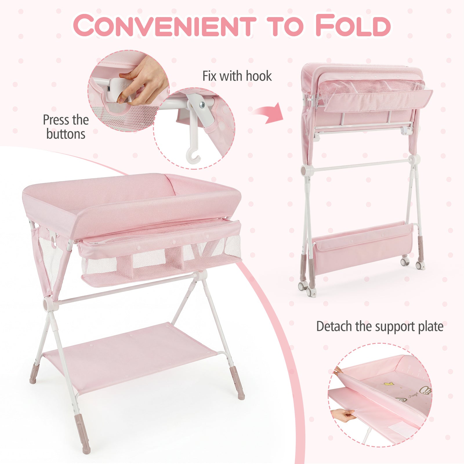 Diaper Changing Station with 3 Position Adjustable Level and 4 Universal Wheels-Pink