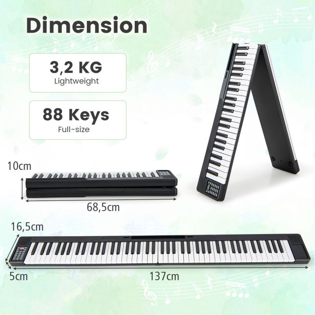 Foldable 88-Key Digital Piano for Beginners, Kids, Adults-Black