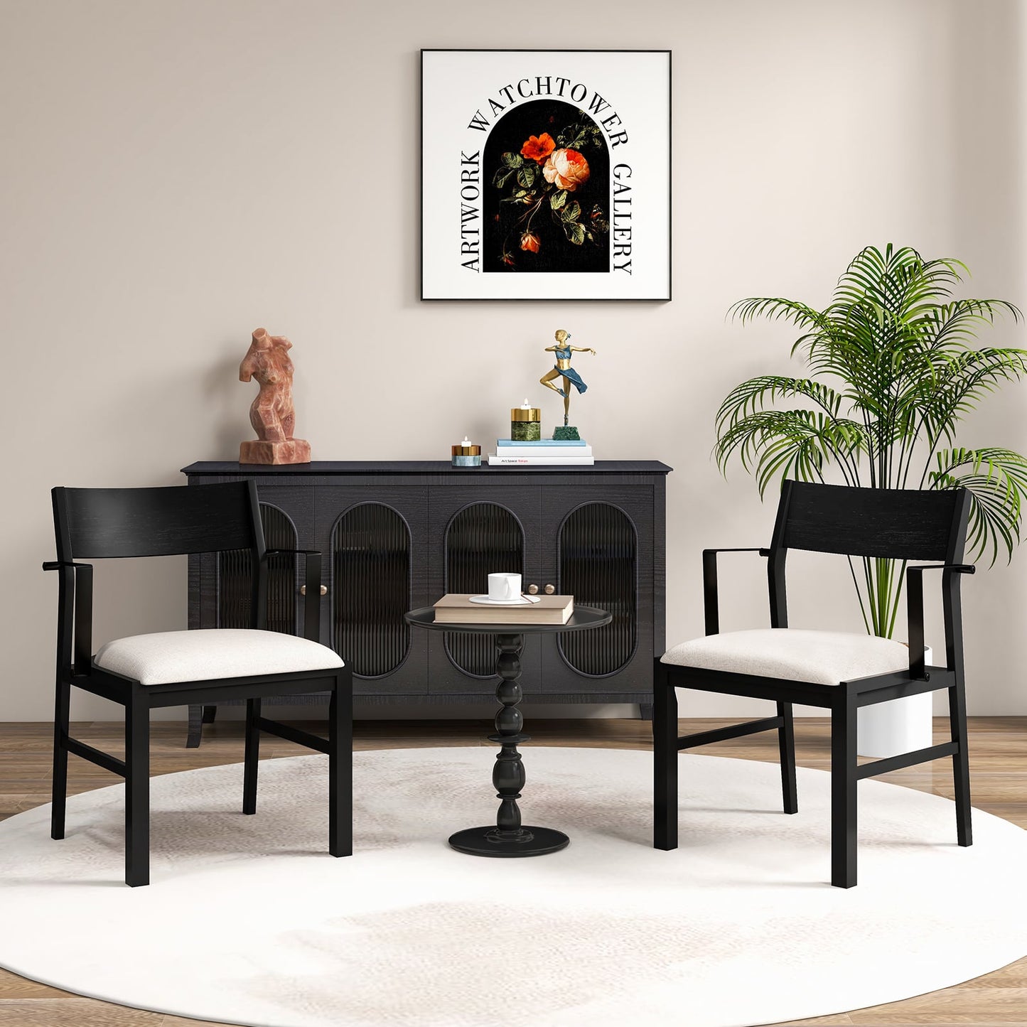Dining Chair with Arms Set of 2 with Contoured Backrest and Padded Seat and Rubber Wood Legs-White