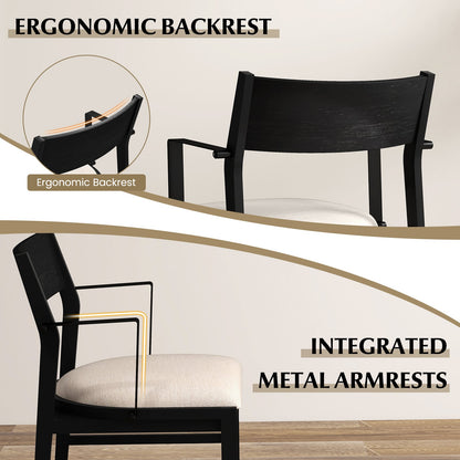 Dining Chair with Arms Set of 2 with Contoured Backrest and Padded Seat and Rubber Wood Legs-White