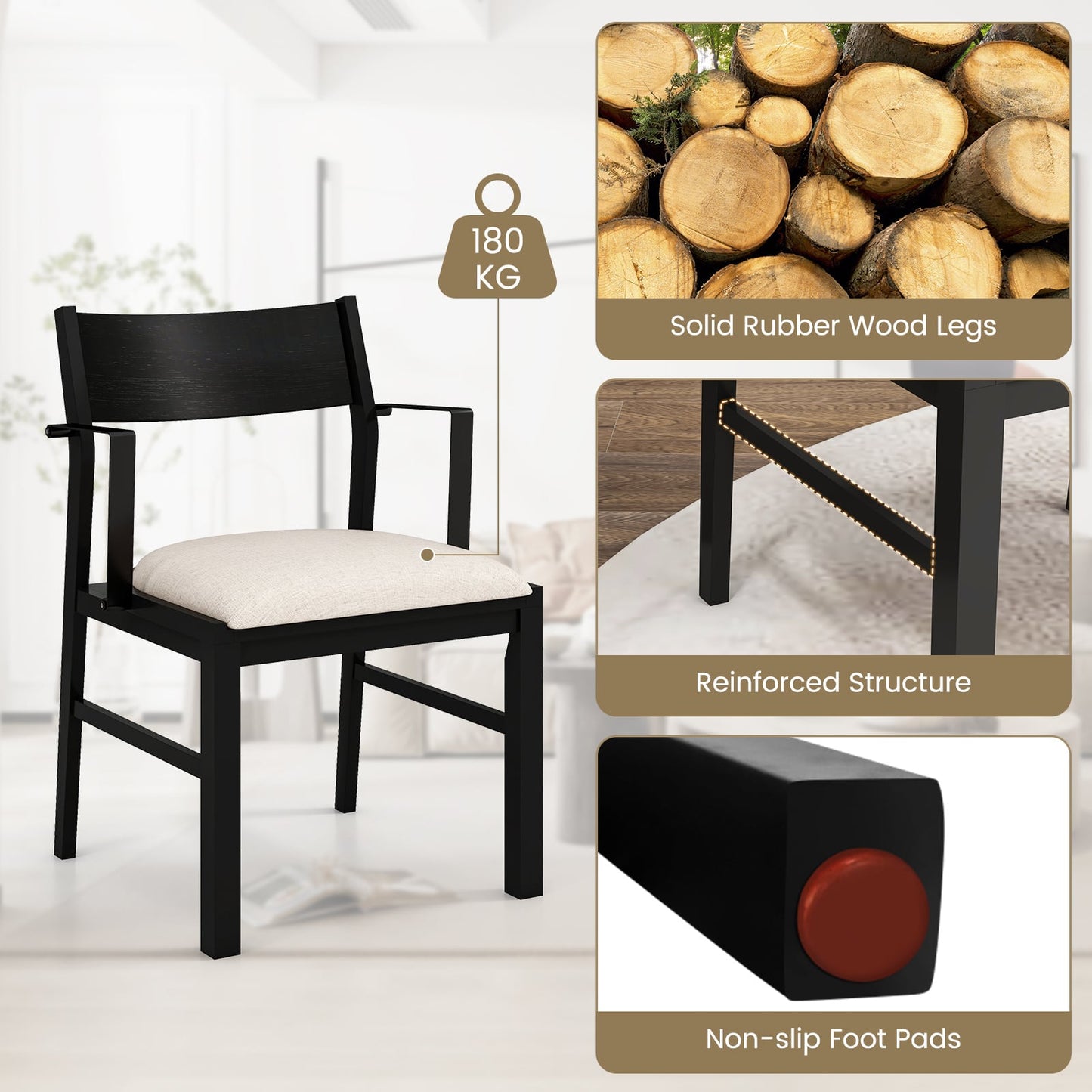Dining Chair with Arms Set of 2 with Contoured Backrest and Padded Seat and Rubber Wood Legs-White