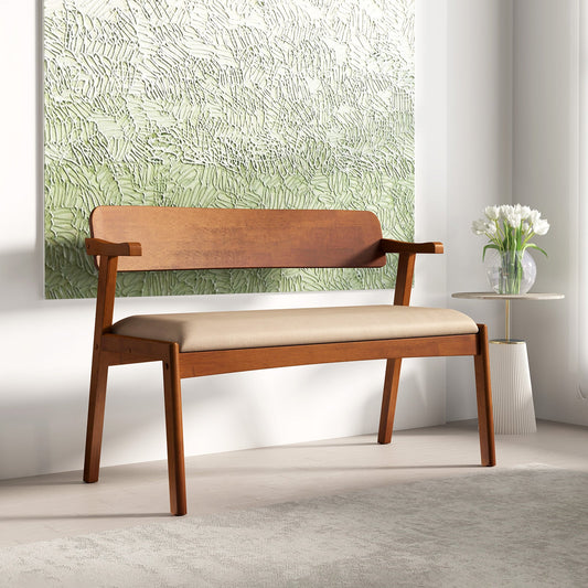 2-Seat Rubber Wood Bench with Padded Seat and Ergonomic Backrest-Walnut