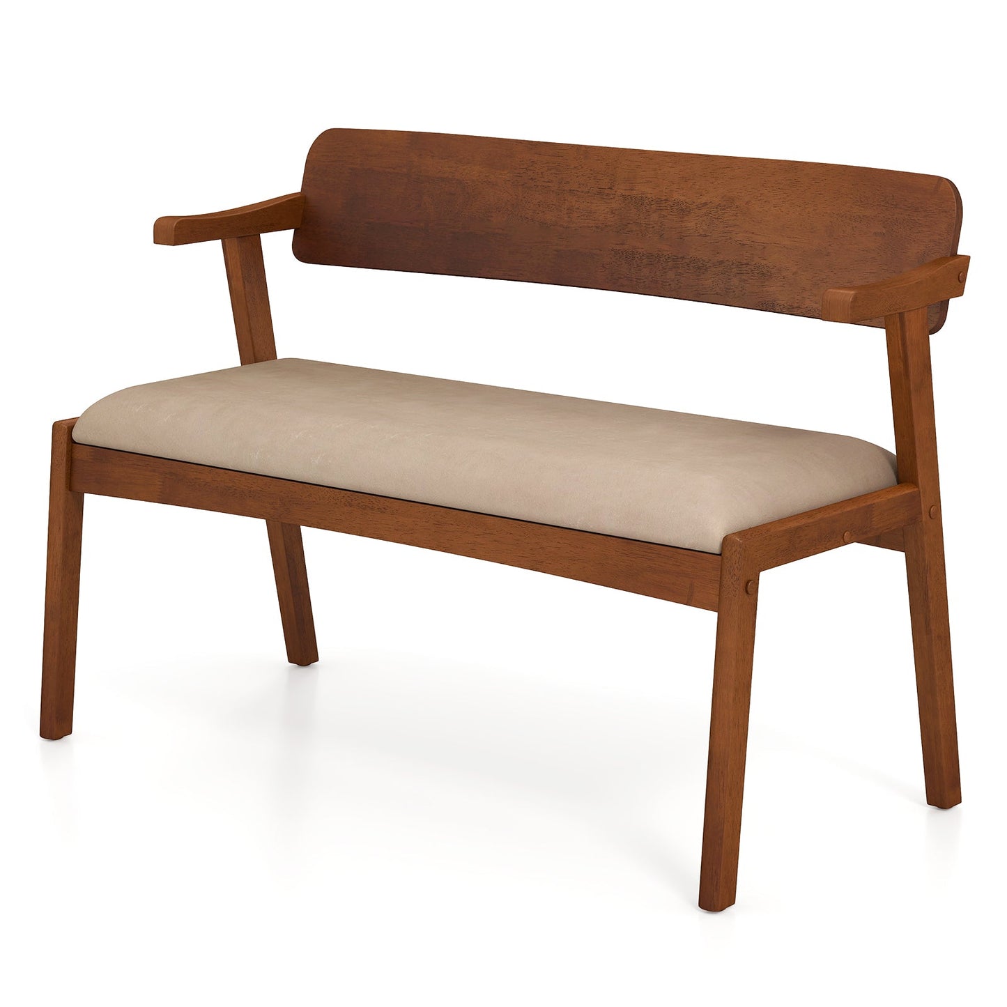 2-Seat Rubber Wood Bench with Padded Seat and Ergonomic Backrest-Walnut