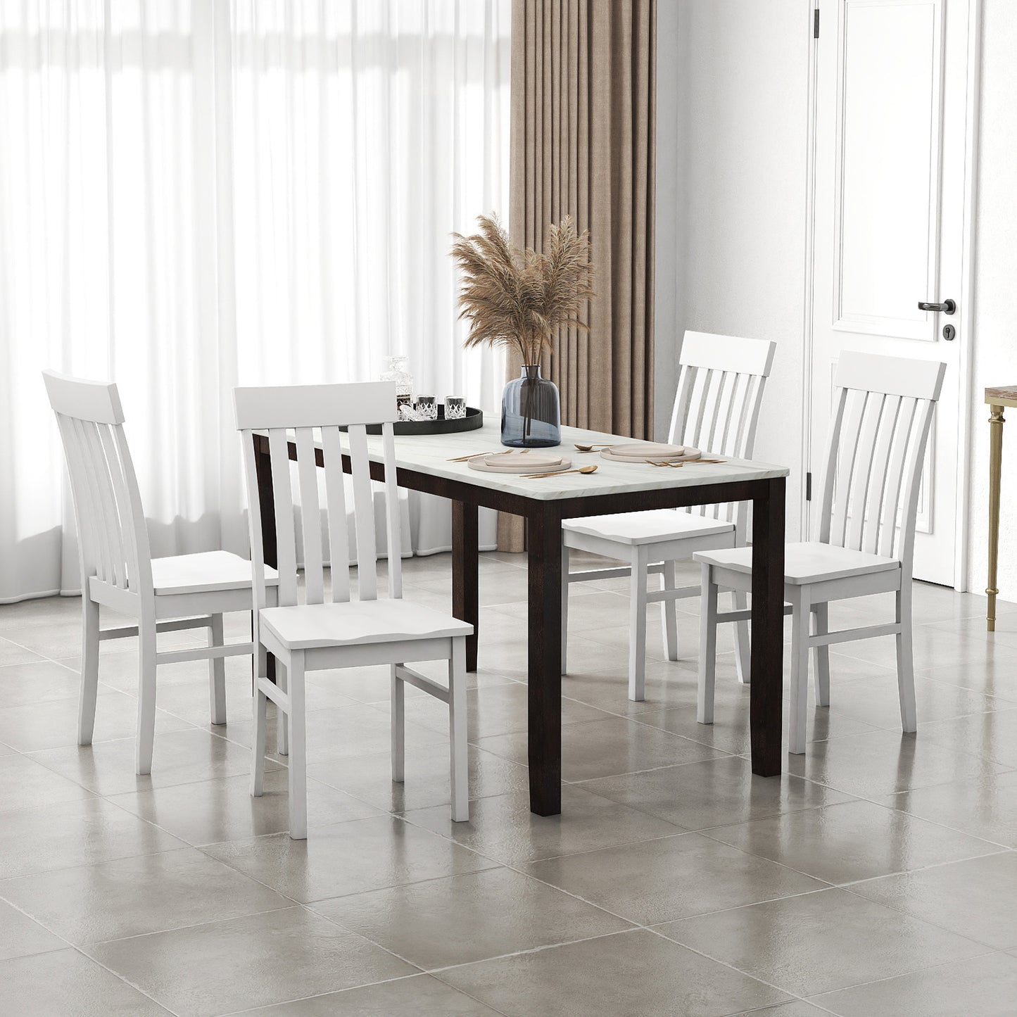 Dining Chairs Set of 2/4 with Hollowed Backrests and Rubber Wood Seats-White-Set of 4