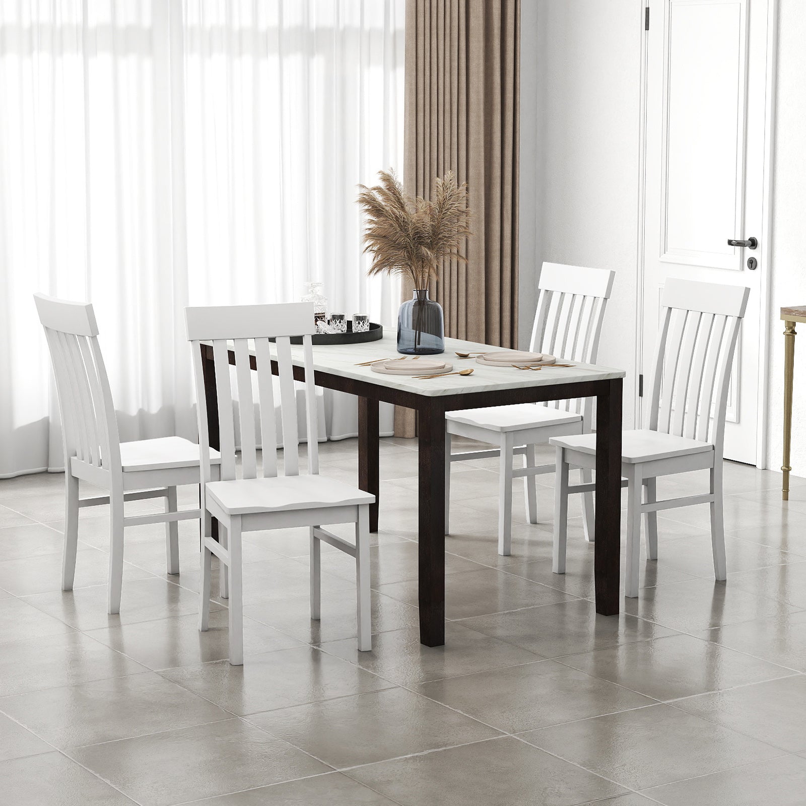 Dining Chairs Set of 2/4 with Hollowed Backrests and Rubber Wood Seats-White-Set of 4