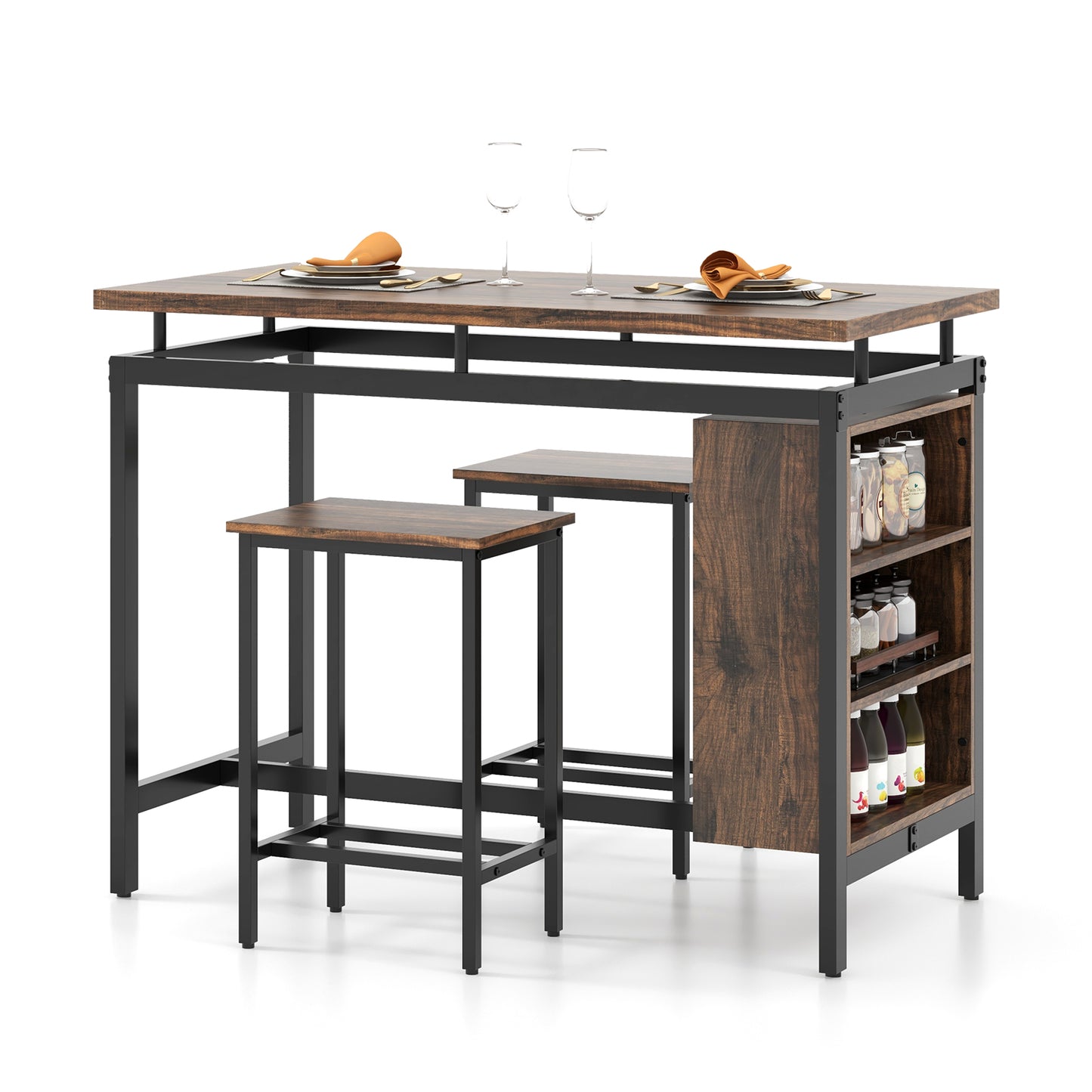 3-Piece Dining Table Set with 3-Tier Storage Shelf and Metal Frame-Coffee