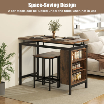 3-Piece Dining Table Set with 3-Tier Storage Shelf and Metal Frame-Coffee