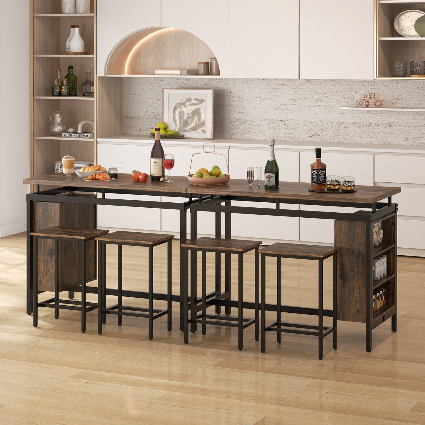3-Piece Dining Table Set with 3-Tier Storage Shelf and Metal Frame-Coffee