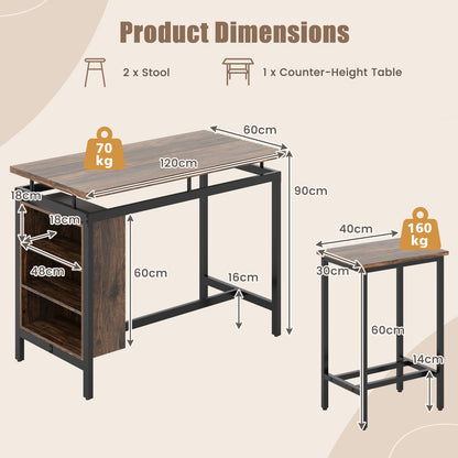 3-Piece Dining Table Set with 3-Tier Storage Shelf and Metal Frame-Coffee