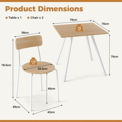 3-Piece Kitchen Dining Room Furniture with Metal Frame and Adjustable Foot Pads-Natural