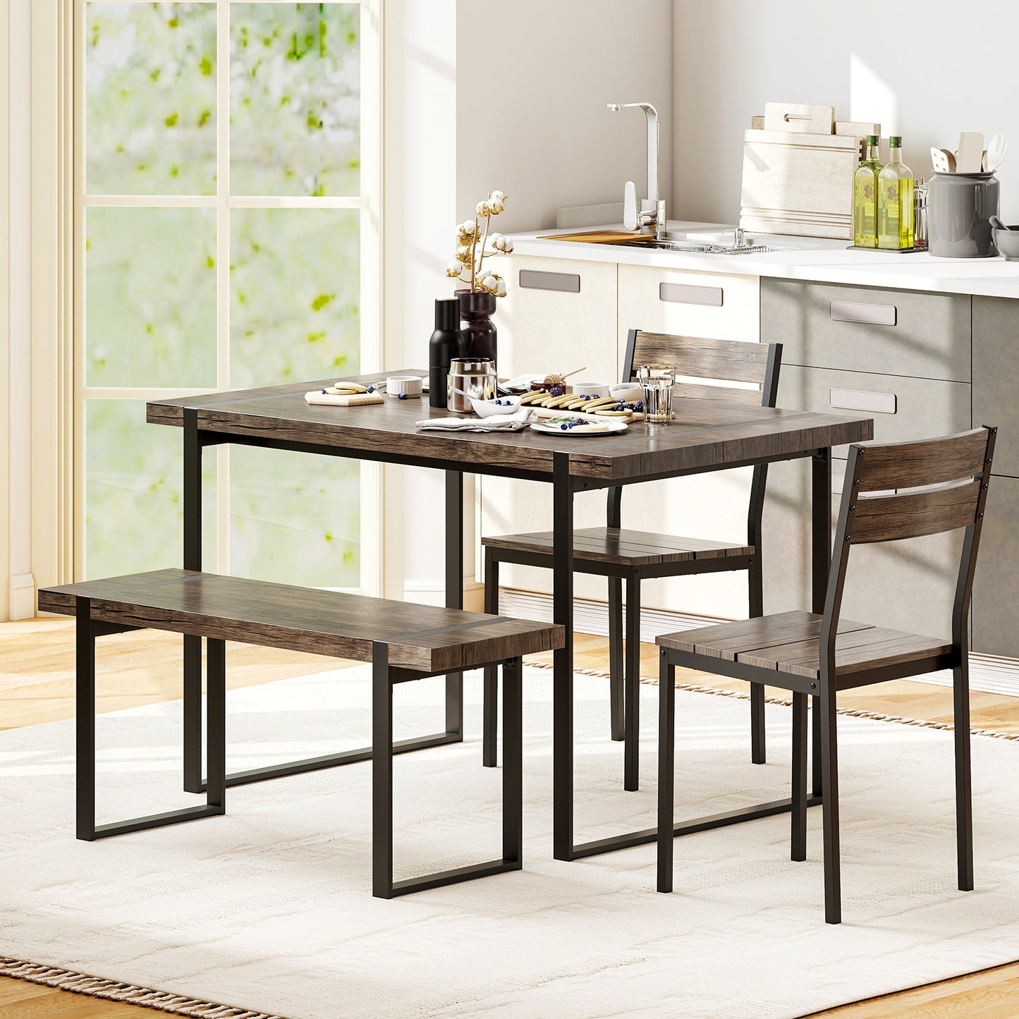 4-Piece Wooden Rectangular Dining Table Set with 1 Bench and 2 Armless Chairs for 4-Grey