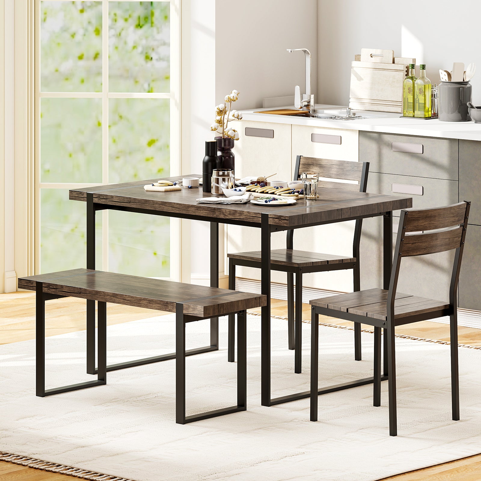 4-Piece Wooden Rectangular Dining Table Set with 1 Bench and 2 Armless Chairs for 4-Grey