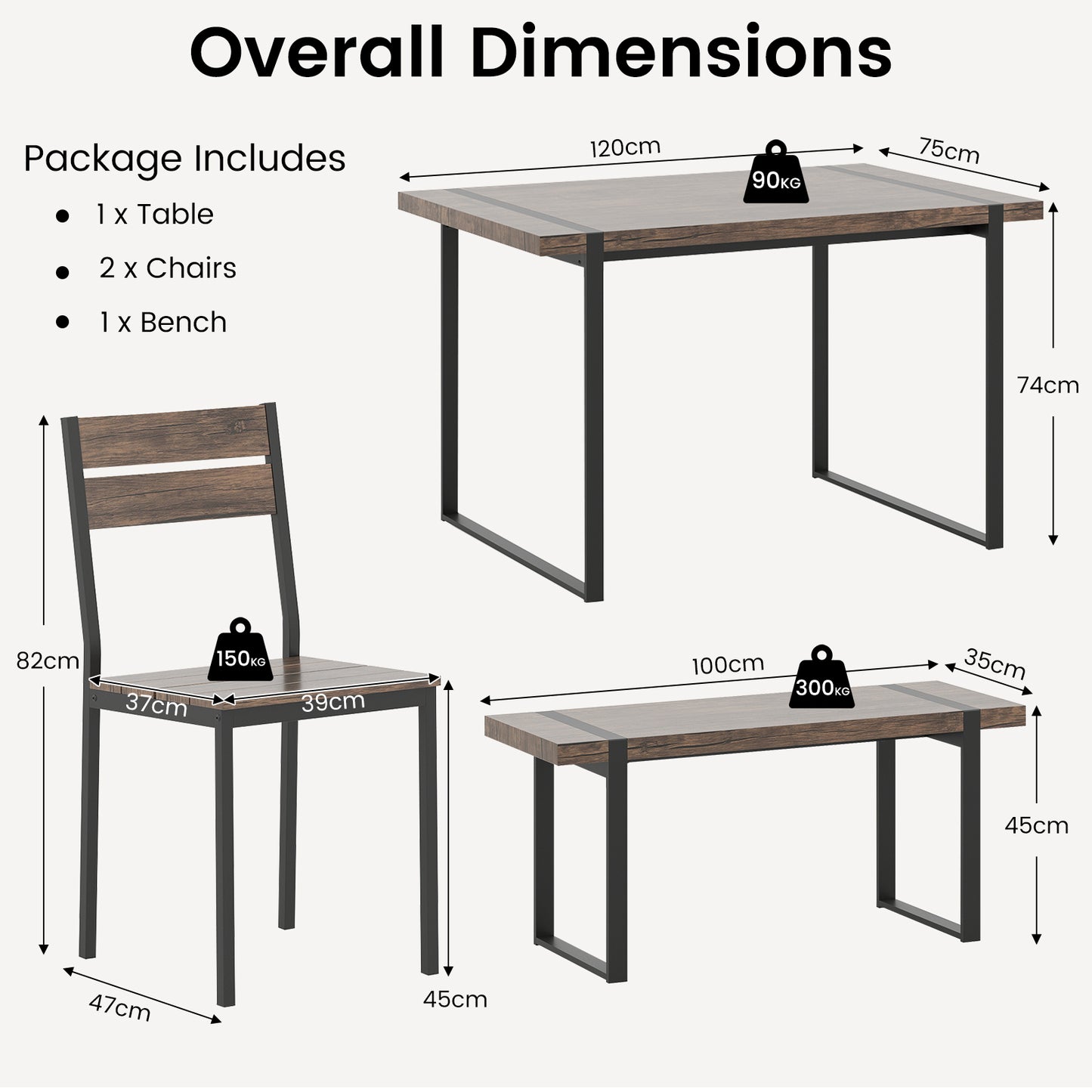 4-Piece Wooden Rectangular Dining Table Set with 1 Bench and 2 Armless Chairs for 4-Grey