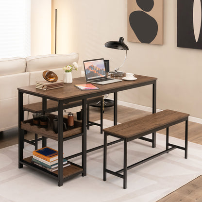 4-Person 3 Pieces Dining Table Set with 2 Benches and Wine Rack-Rustic Brown